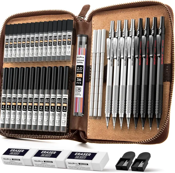 45-Piece Metal Mechanical Pencil Set — Artist Drafting Kit in Leather Case
